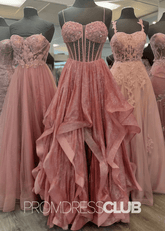 Charlotte |Grey and Blue Prom Dresses Long A Line Sparkly Beaded - Pink - PromDressClub